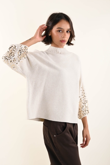 Rundhals-Pullover mit 3/4 Arm und Pailletten